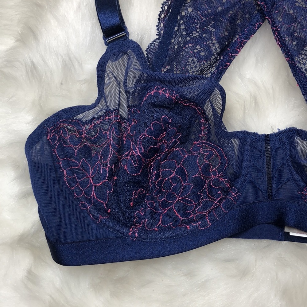 Triumph Navy Blue Pink Stitch Underwire Bra 34B NEW - Picture 3 of 11